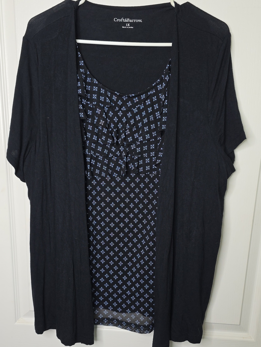 croft & barrow Black Open-Front Cardigan with Navy Patterned Inset